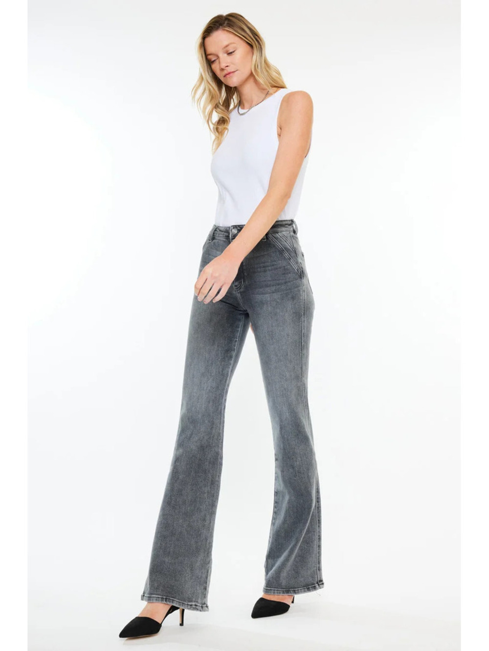 KanCan Ultra High Rise Flare Jeans Washed Grey Acid Wash Slant Pockets 3/25